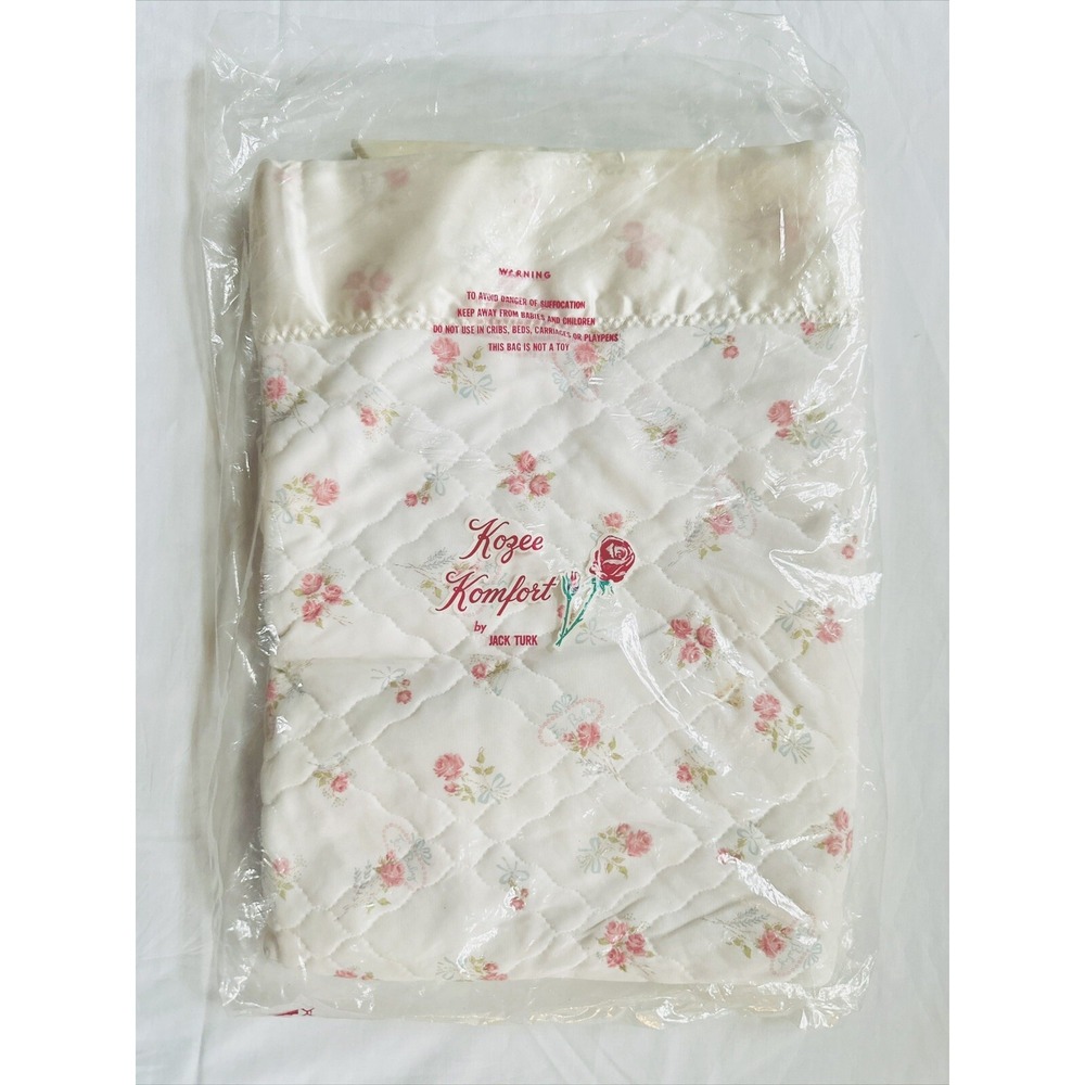 Vtg KOZEE KOMFORT Satin Edge Baby Quilt Pink Roses‎ & Blue **small Flaws